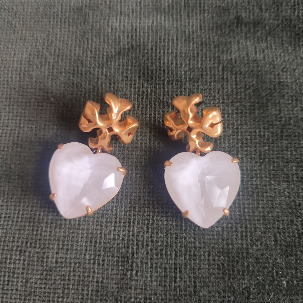 Tory Burch Roxanne white heart shape stone drop earrings